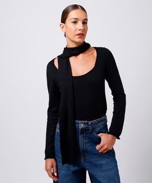 suéter feminino de tricot com gola cachecol mindset preto
