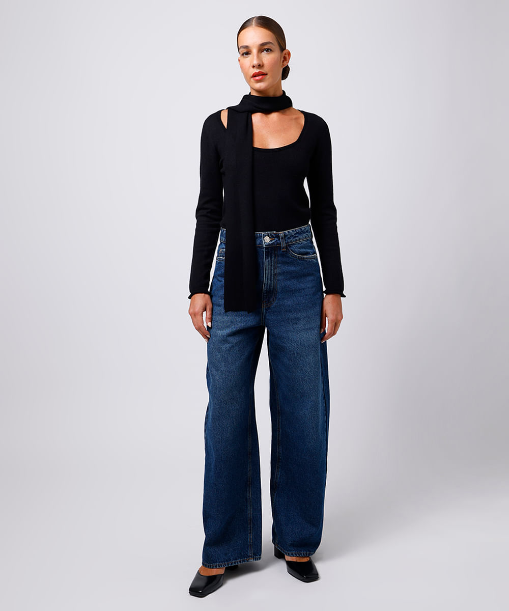 suéter feminino de tricot com gola cachecol mindset preto