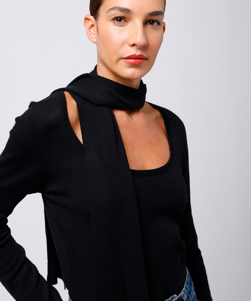 suéter feminino de tricot com gola cachecol mindset preto