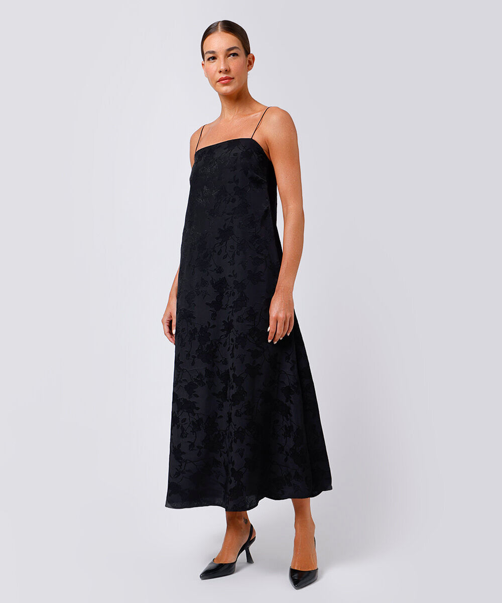 vestido midi slip dress feminino de jacquard floral mindset preto