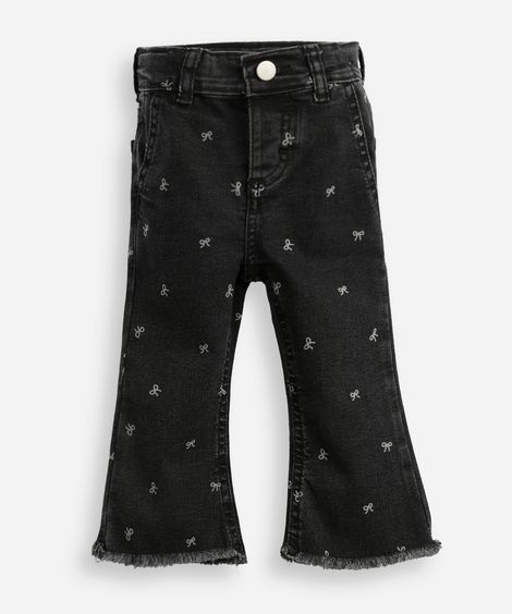 calça flare infantil jeans lacinhos e barra desfiada preta