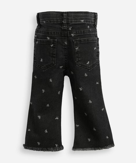 calça flare infantil jeans lacinhos e barra desfiada preta