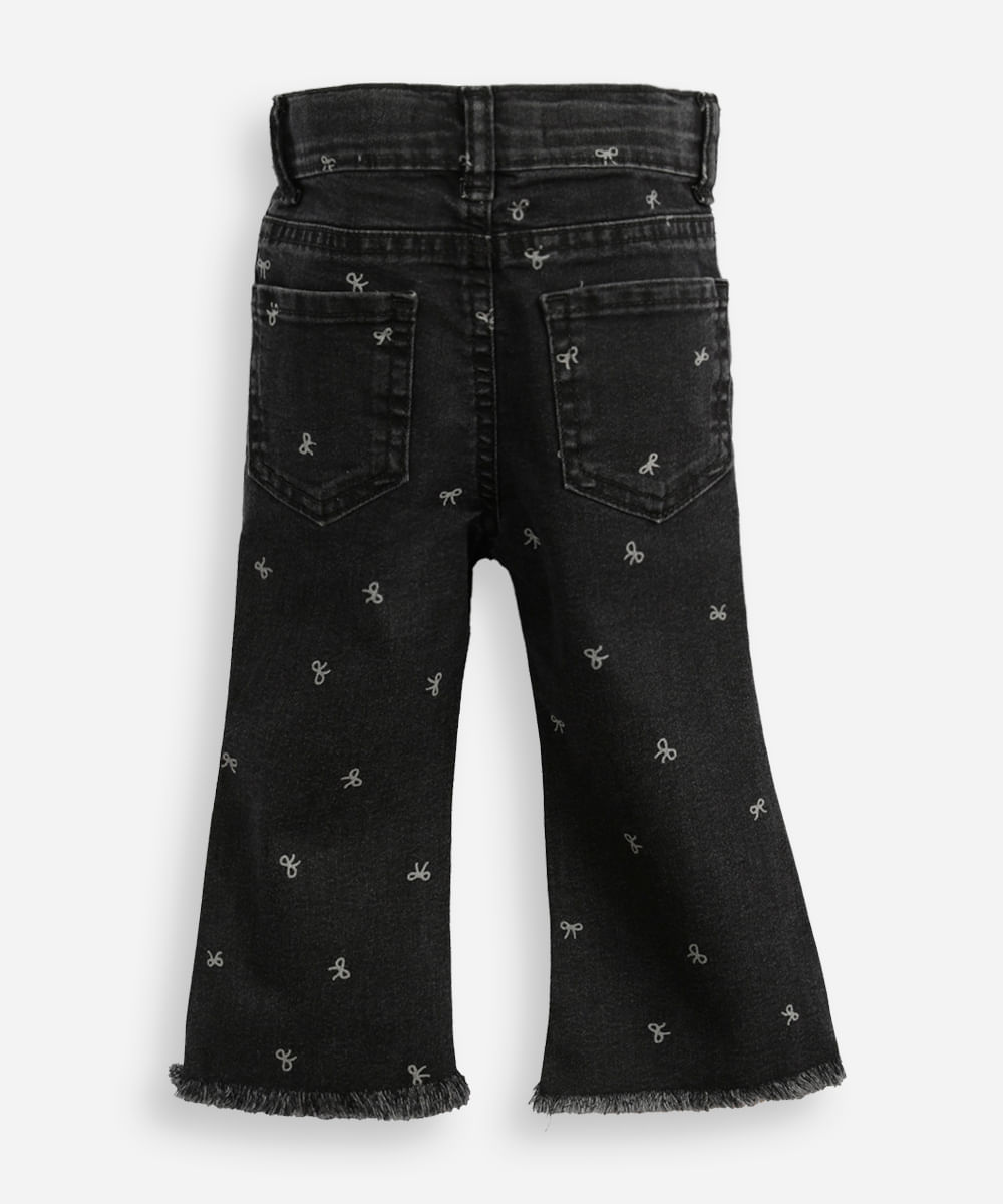 calça flare infantil jeans lacinhos e barra desfiada preta
