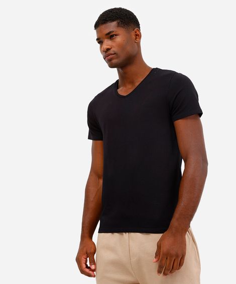 camiseta de algodão gola v preta