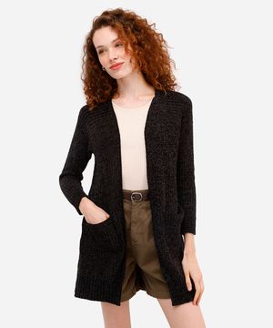 cardigan feminino de tricot chenille alongado - preto