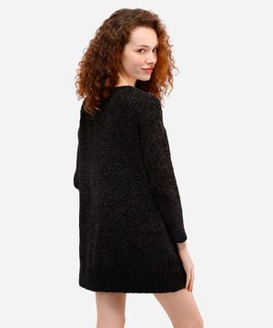 cardigan feminino de tricot chenille alongado - preto