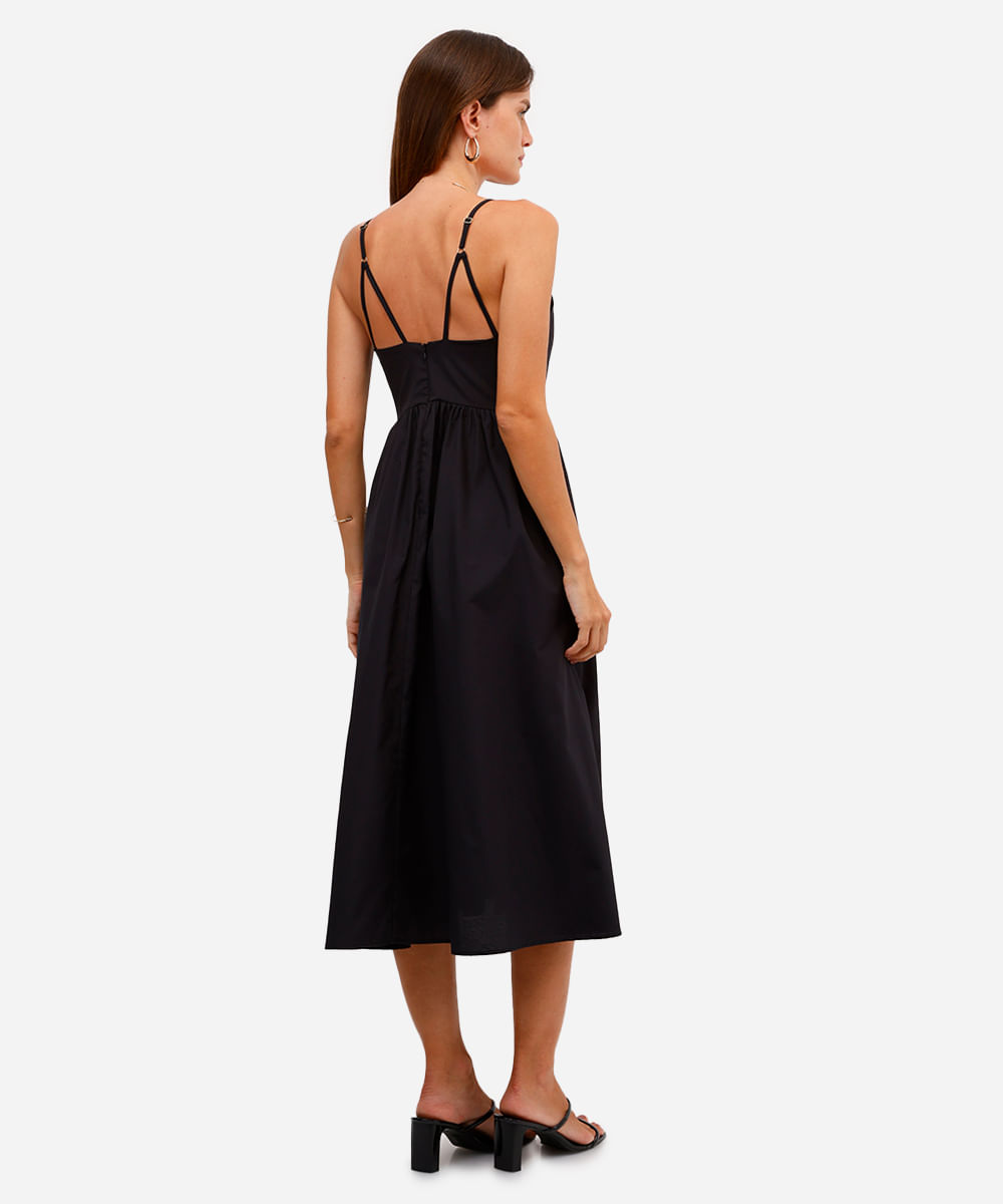 vestido midi feminino alça fina godê preto