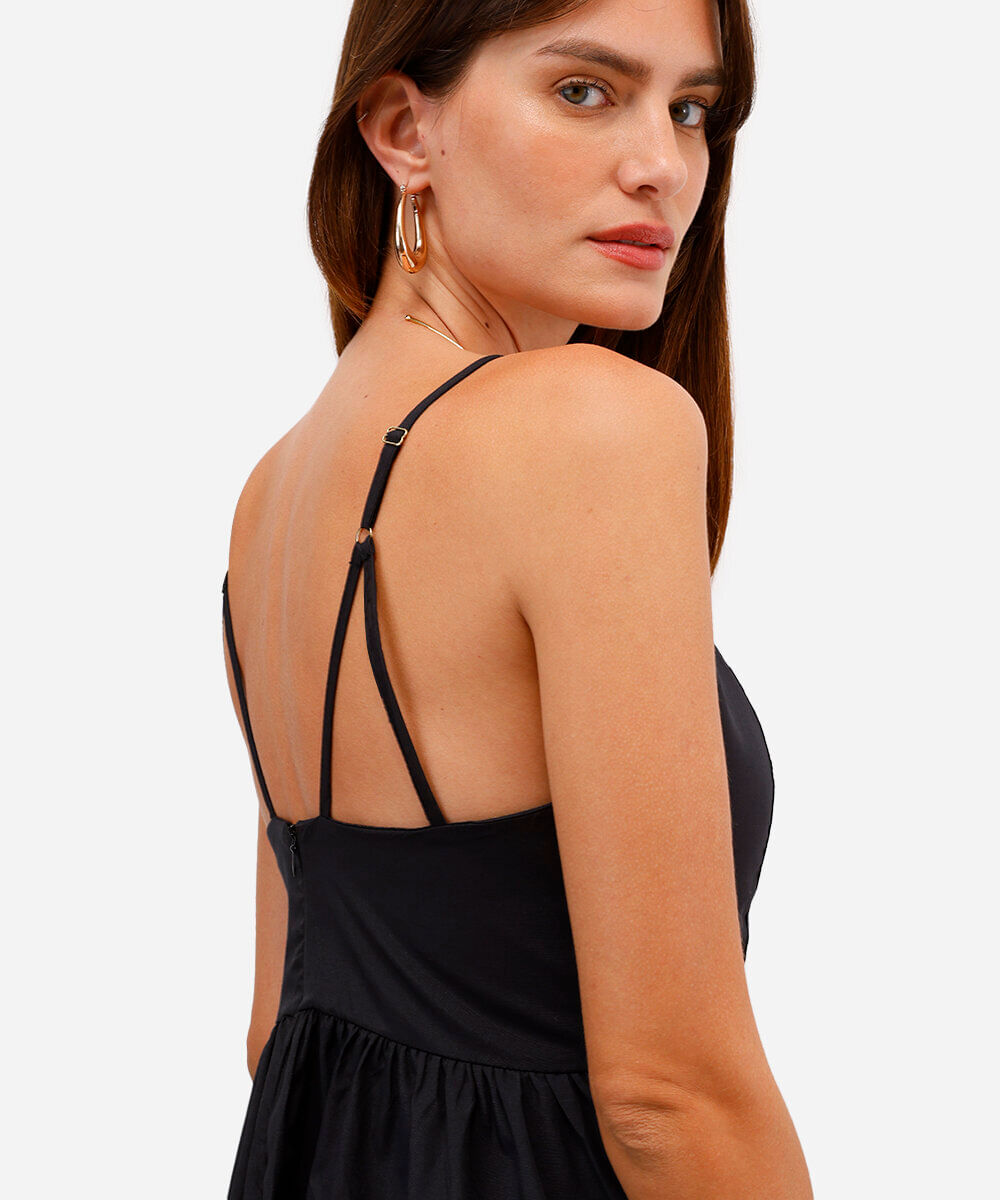 vestido midi feminino alça fina godê preto
