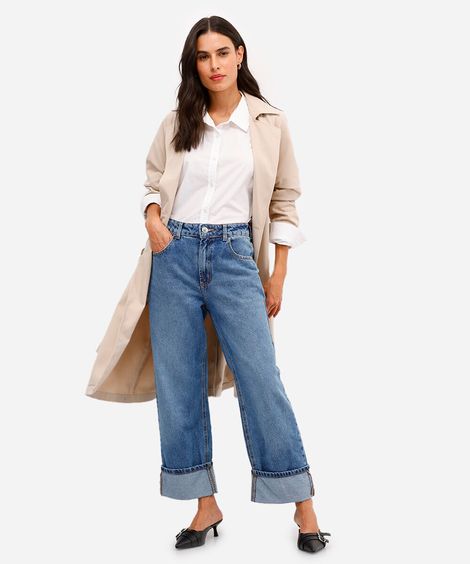 calça reta jeans cintura média barra dobrada azul