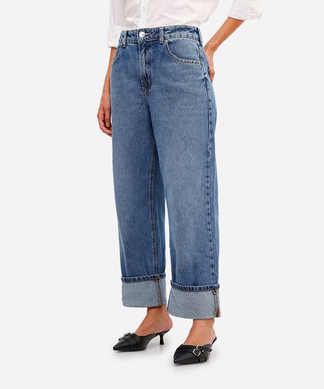 calça reta jeans cintura média barra dobrada azul