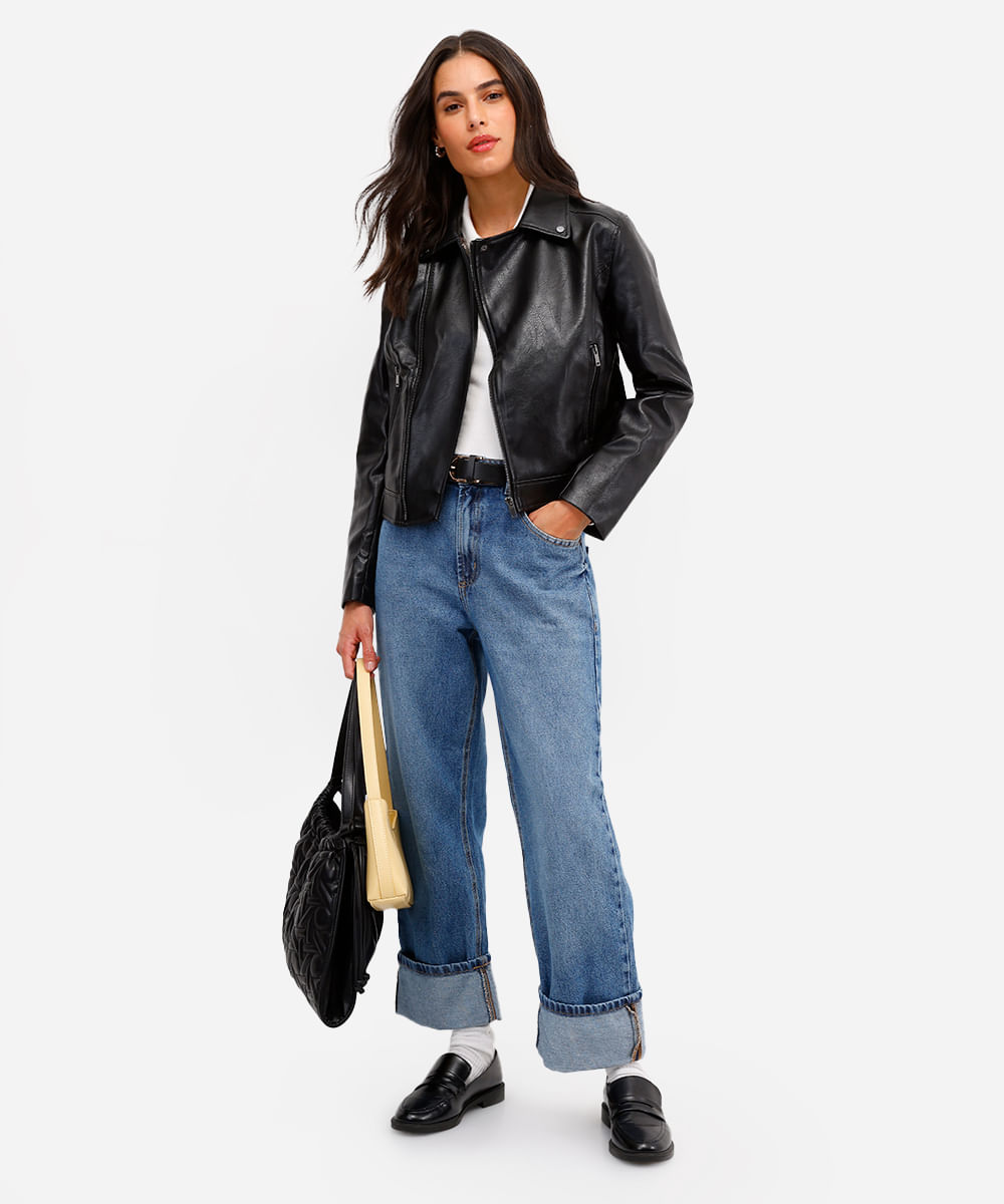 calça reta jeans cintura média barra dobrada azul