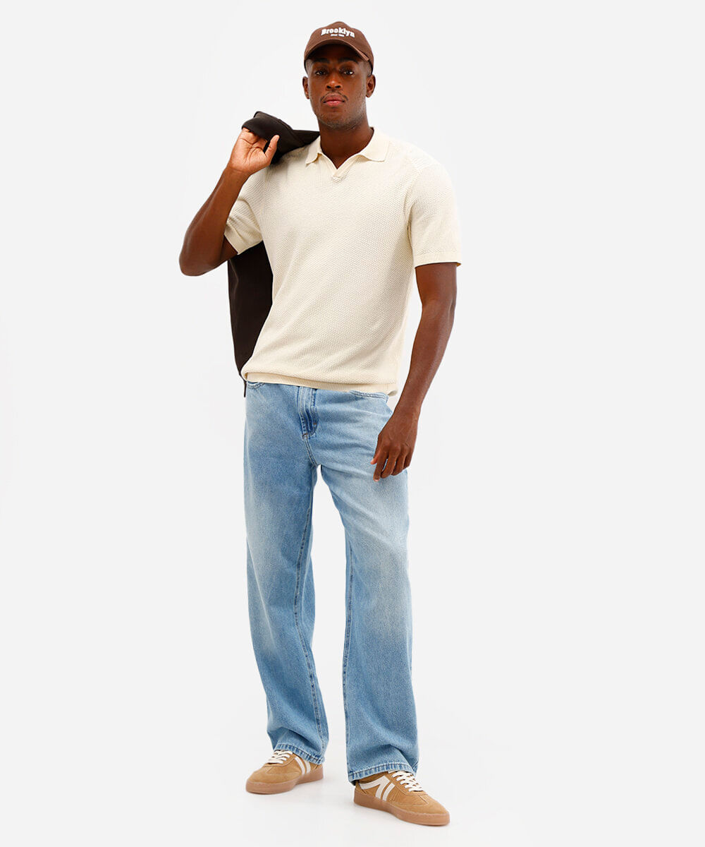 polo masculina de tricot manga curta texturizada off white