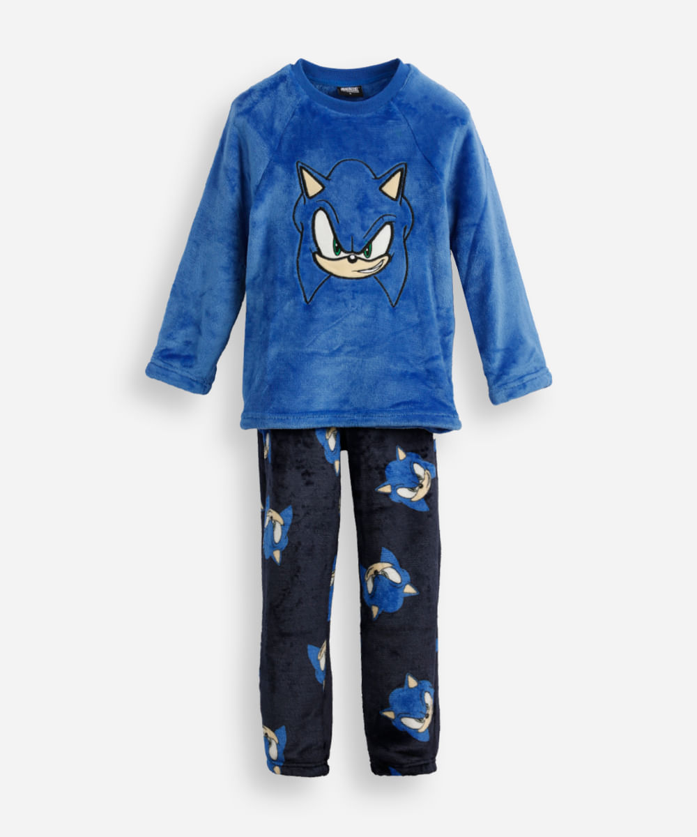 pijama longo infantil de fleece sonic - azul