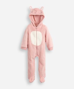 macacão longo de fleece infantil com capuz coelhinho rosa