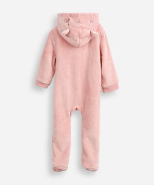 macacão longo de fleece infantil com capuz coelhinho rosa