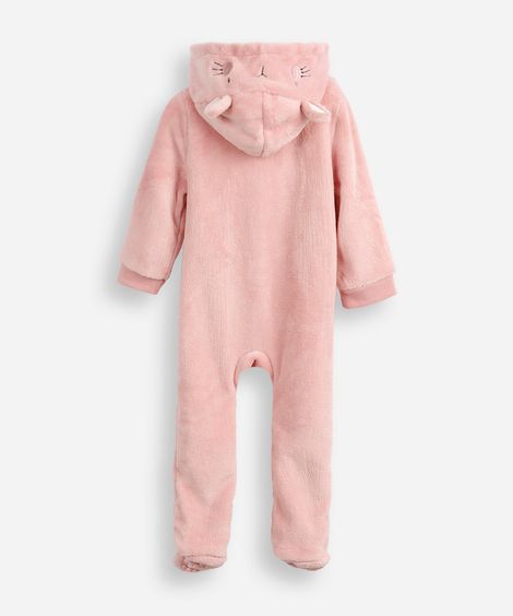 macacão longo de fleece infantil com capuz coelhinho rosa