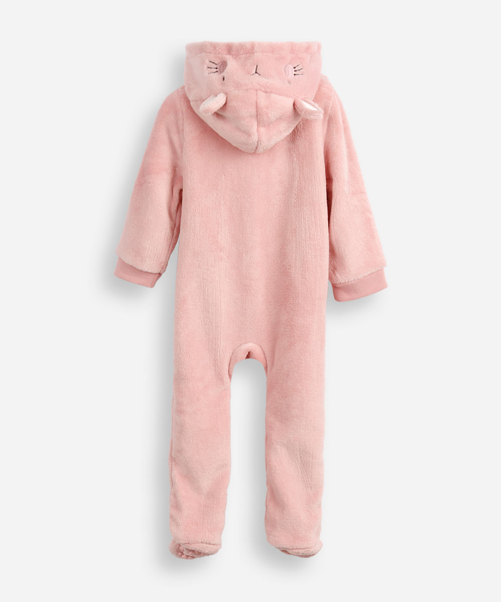 macacão longo de fleece infantil com capuz coelhinho rosa