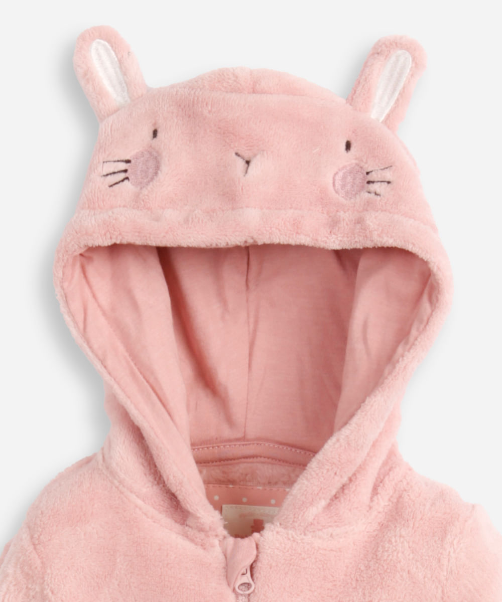 macacão longo de fleece infantil com capuz coelhinho rosa