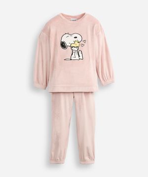 pijama longo infantil de fleece snoopy e woodstock rosa