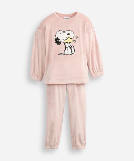 pijama longo infantil de fleece snoopy e woodstock rosa