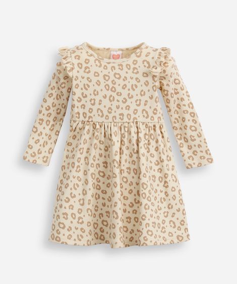 vestido infantil de algodão manga longa animal print bege