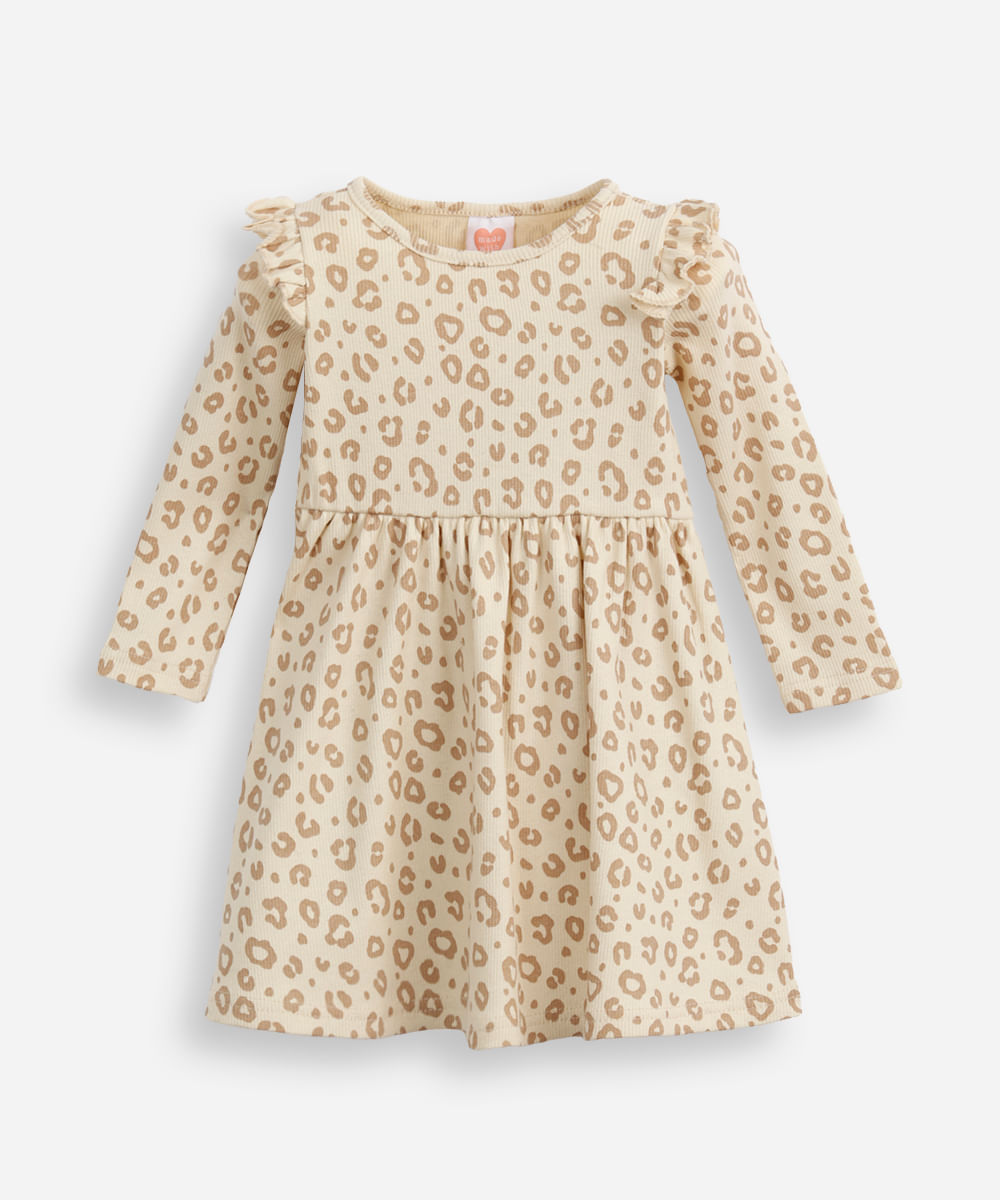 vestido infantil de algodão manga longa animal print bege