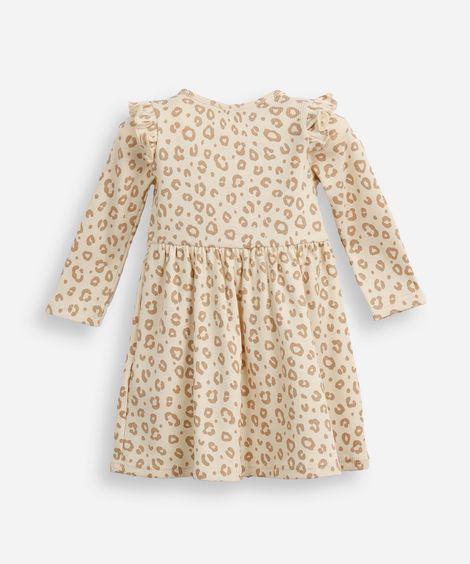 vestido infantil de algodão manga longa animal print bege