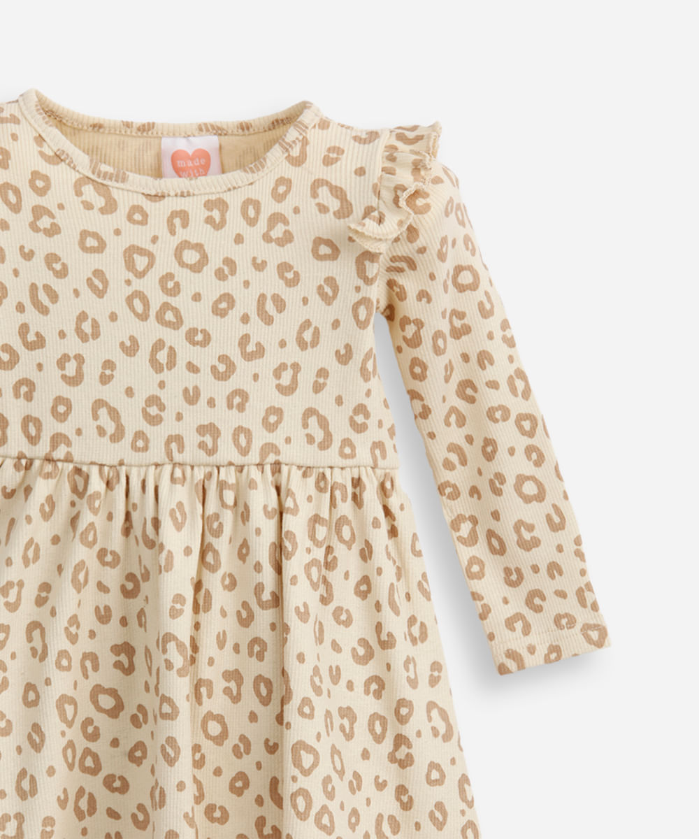 vestido infantil de algodão manga longa animal print bege