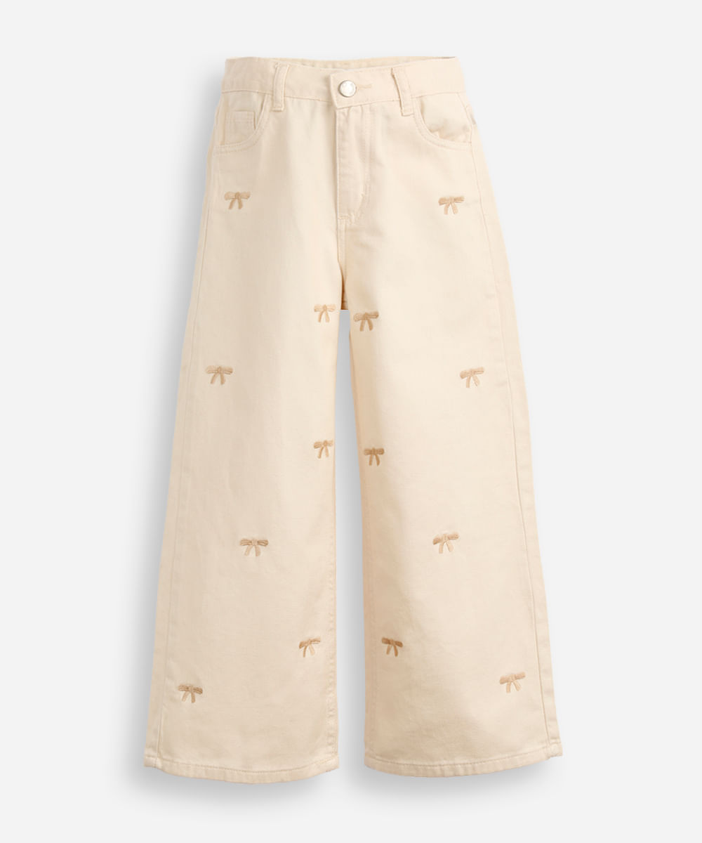 calça wide leg infantil de sarja lacinho bege