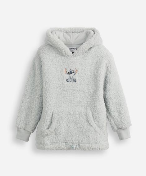 blusão de pelúcia infantil com capuz e bolso stitch azul