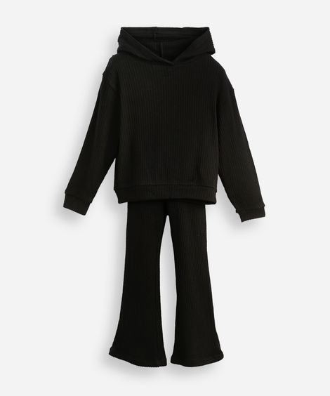 conjunto infantil longo de viscose canelado com capuz preto