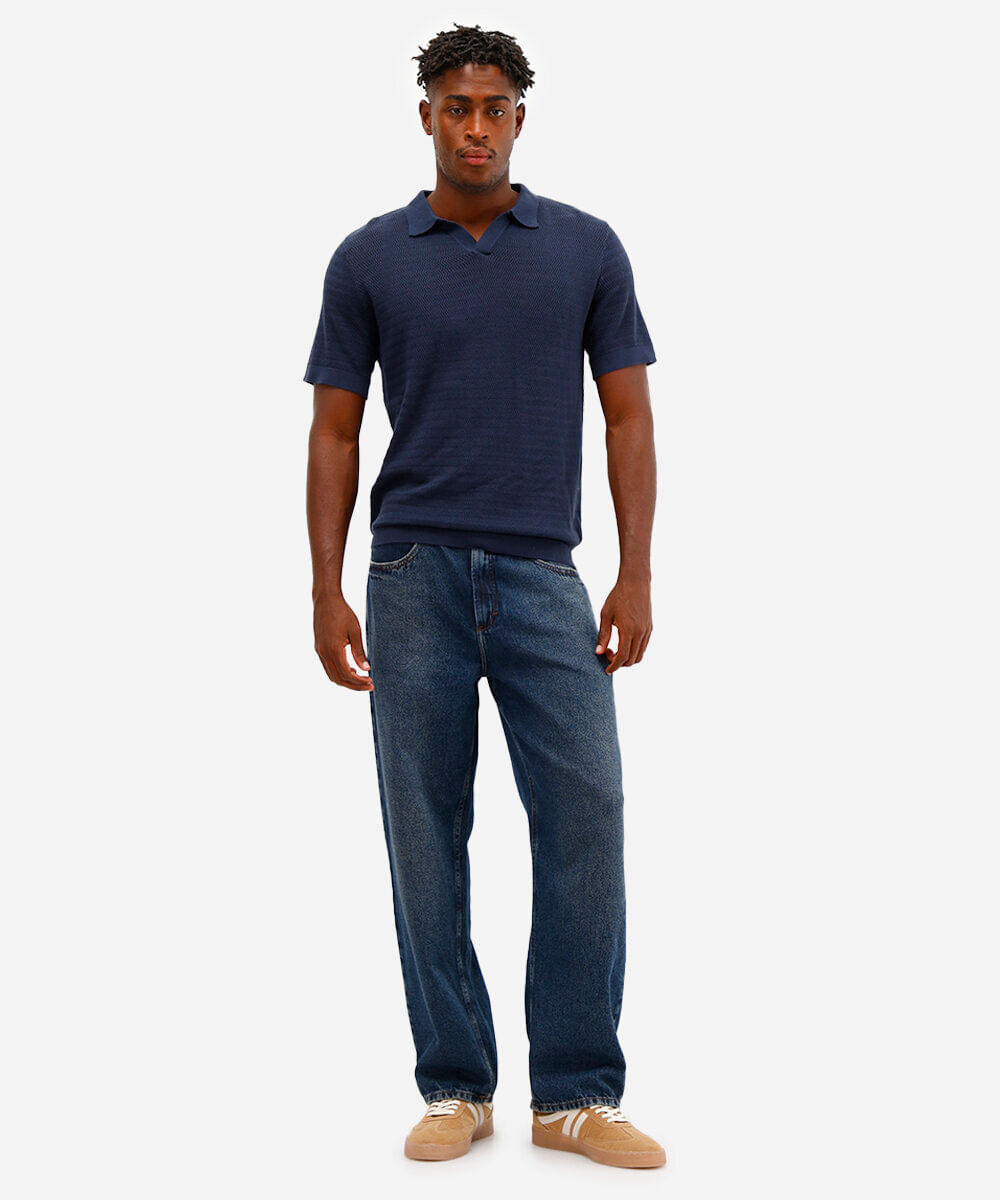 polo masculina de tricot manga curta azul