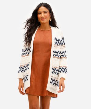 cardigan feminino de tricot texturizado estampado bege