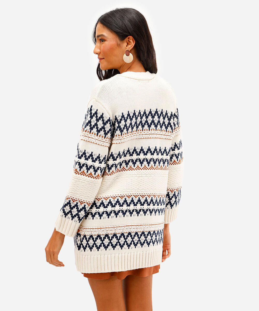 cardigan feminino de tricot texturizado estampado bege