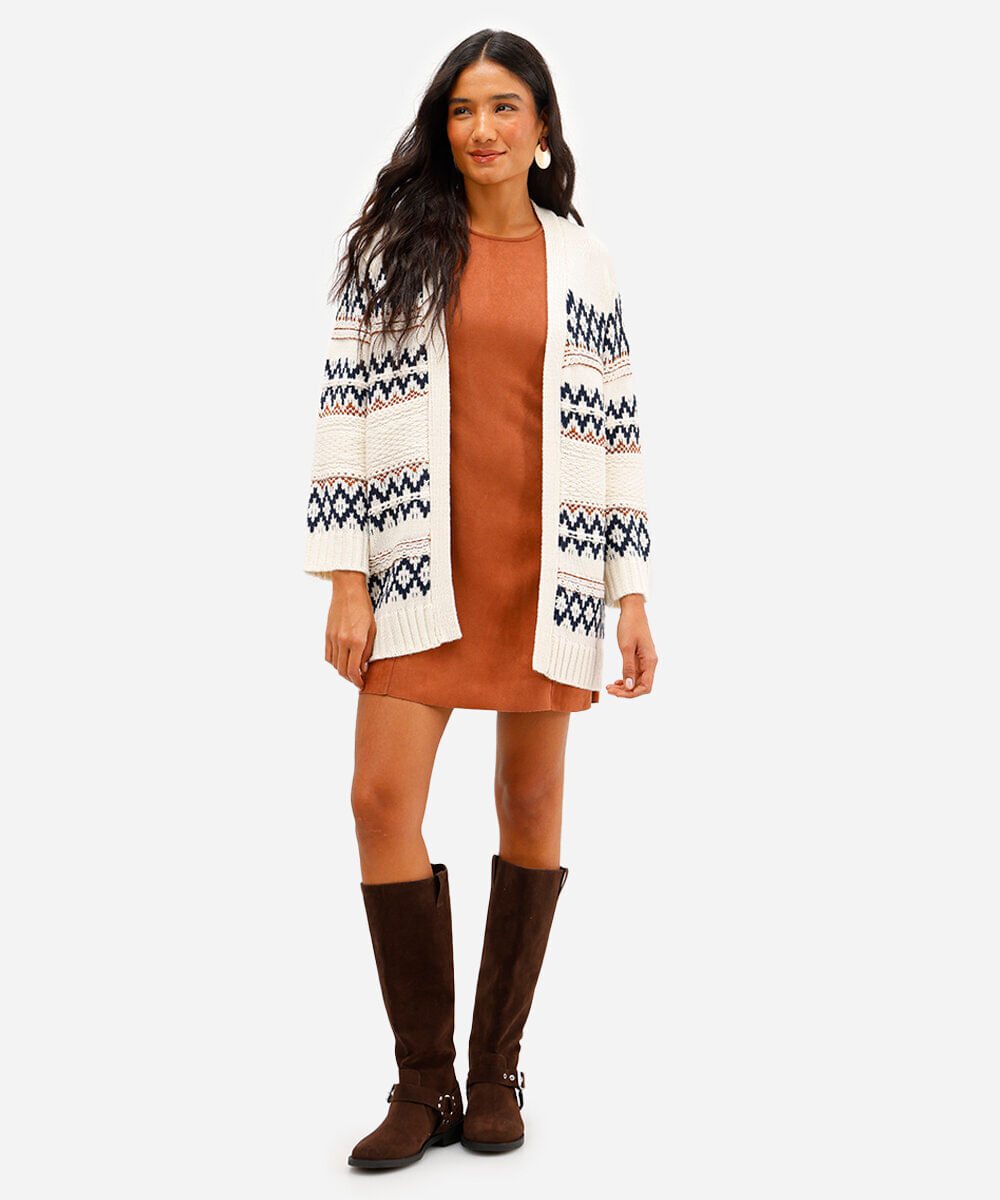cardigan feminino de tricot texturizado estampado bege
