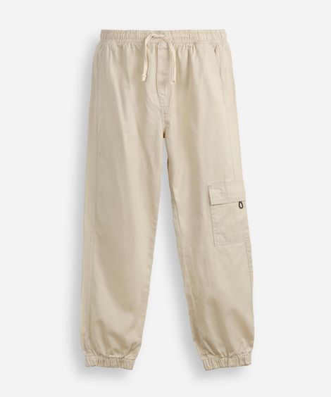 calça jogger juvenil de sarja com bolso cargo bege