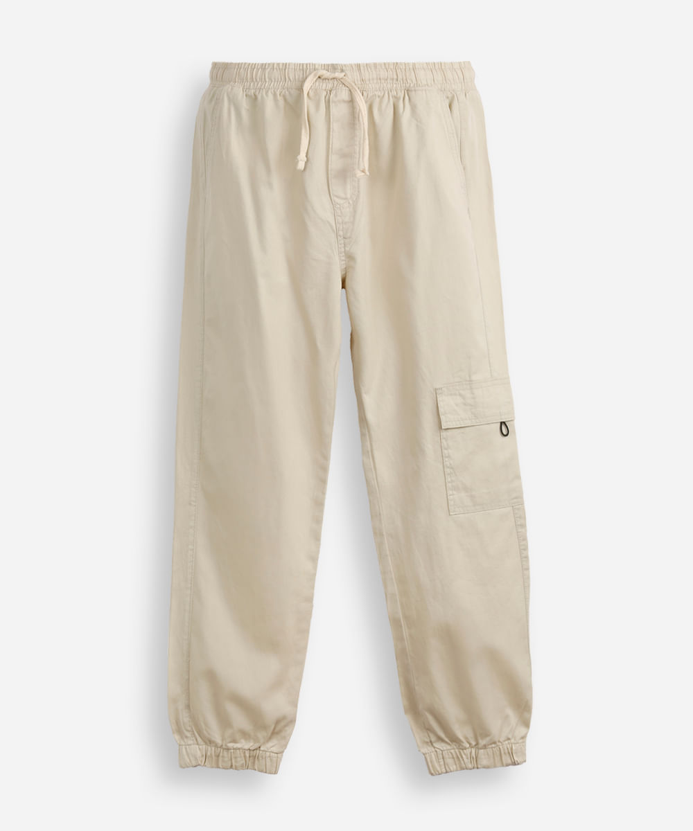 calça jogger juvenil de sarja com bolso cargo bege
