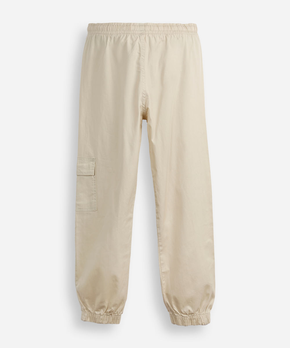 calça jogger juvenil de sarja com bolso cargo bege