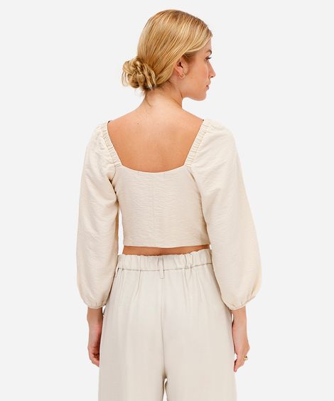 cropped feminino de viscose manga bufante texturizado bege