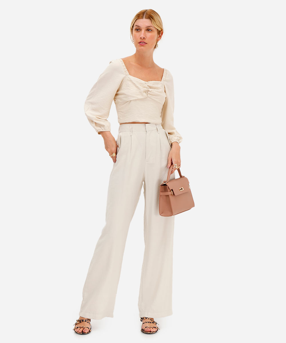 cropped feminino de viscose manga bufante texturizado bege