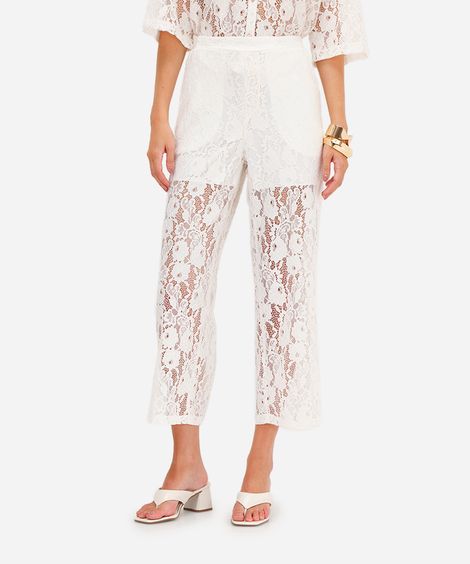calça reta feminina de renda floral off white