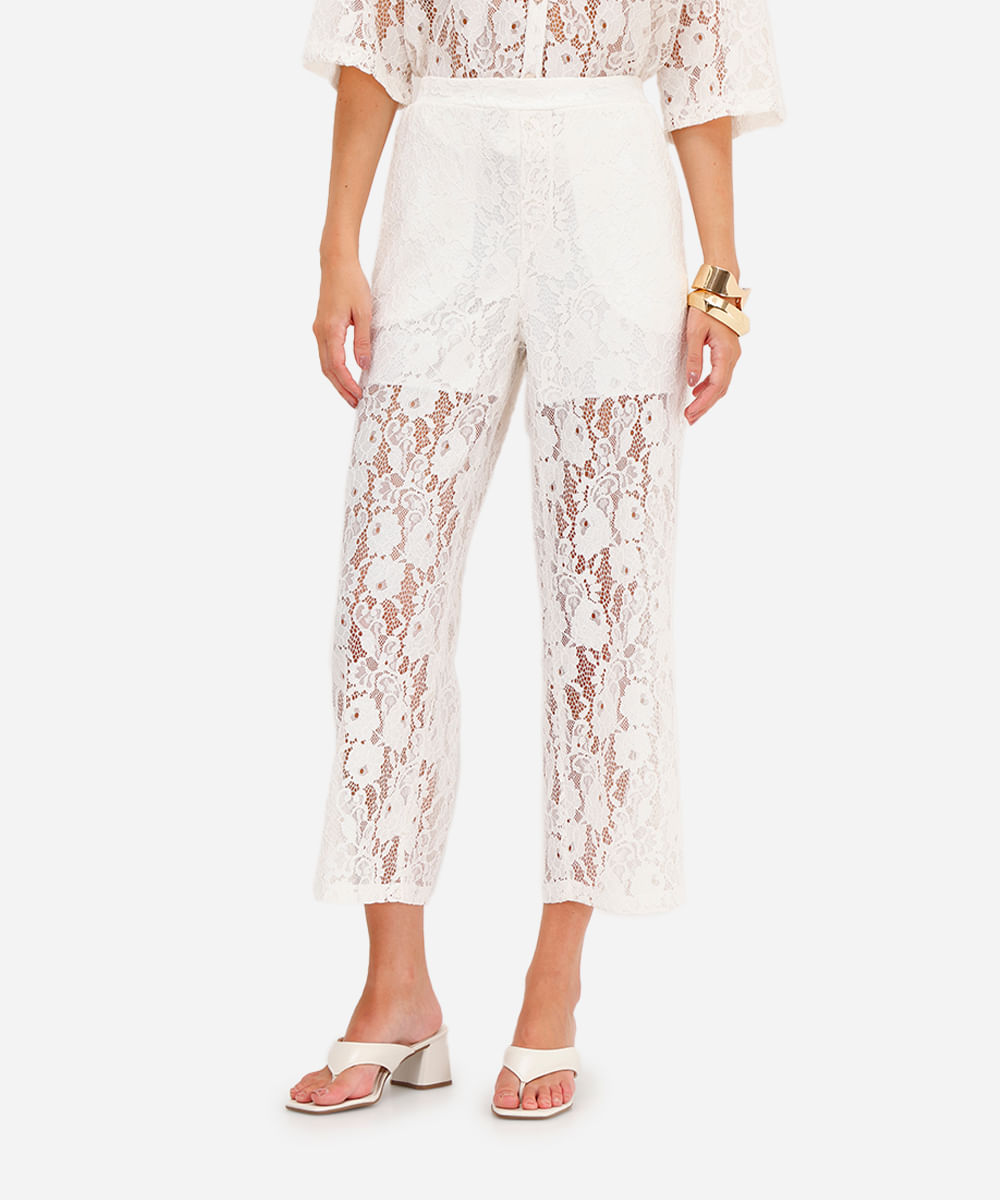 calça reta feminina de renda floral off white