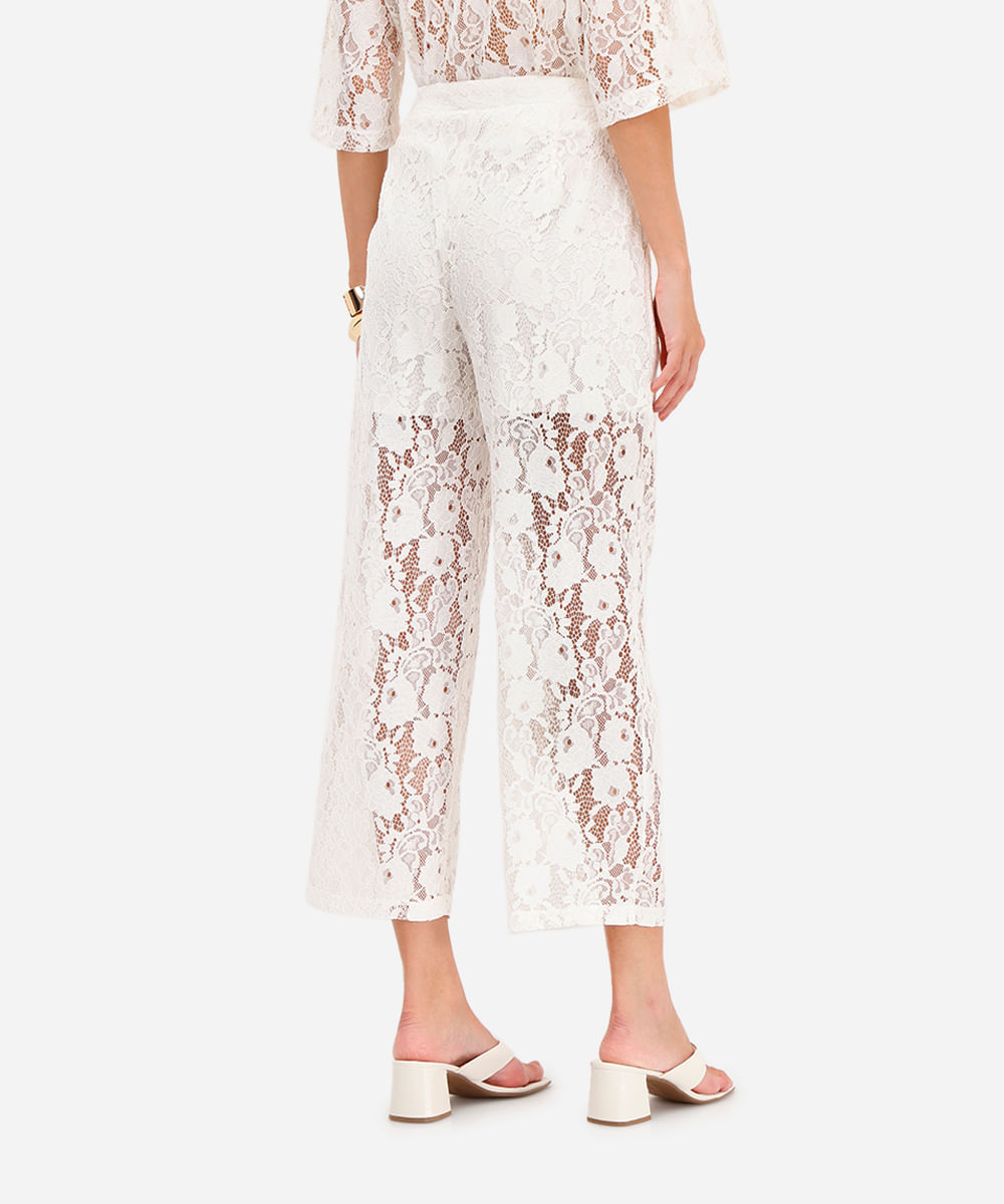 calça reta feminina de renda floral off white