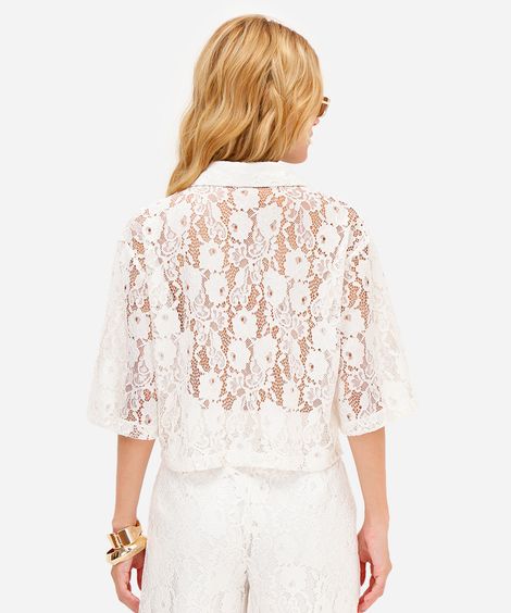 camisa feminina de renda manga curta floral off white