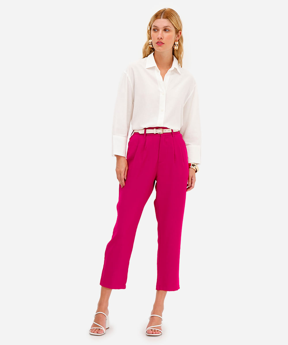 calça de alfaiataria feminina cós elástico rosa