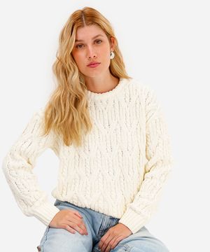 suéter feminino de tricot chenille texturizado off white