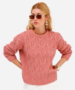 suéter feminino de tricot chenille texturizado rosa