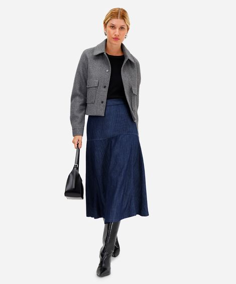saia midi godê feminina jeans com recorte azul