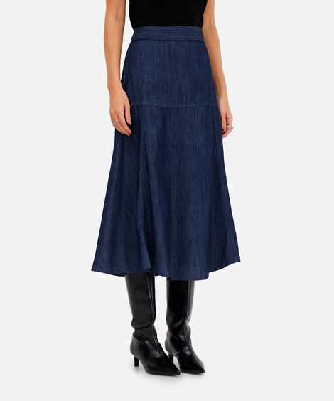 saia midi godê feminina jeans com recorte azul