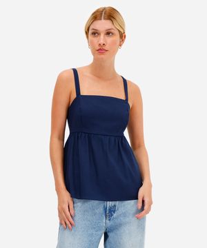 bata feminina com linho decote quadrado azul